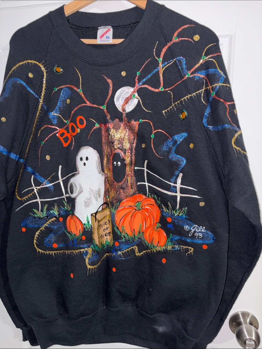 Unbranded hand painted Black Halloween Ghost & Pumpkin Sweatshirt